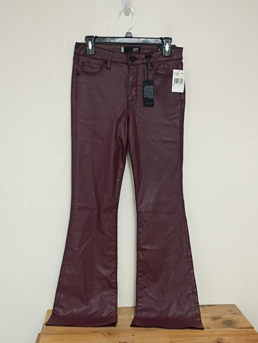 Kut from the Kloth Ana Bordeaux Coated High Rise Flare Pants  4 NWT Inseam 34"
